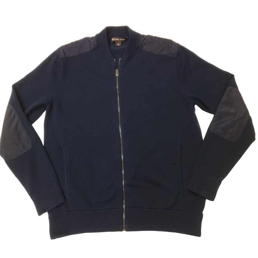 Michael Kors Full Zip Up Sweatshirt Elbow Pads Crew Neck Navy Blue Mens Medium M